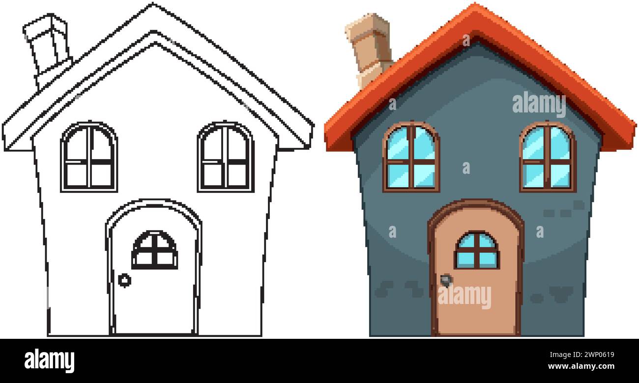 Vector illustration of a house, before and after coloring Stock Vector ...