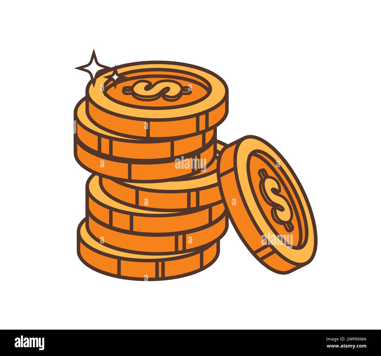 Coins pile, wild west western groovy item. Cartoon money, gold dollar coins stack, game asset, reward, bonus in vintage funky style. Old metal currenc Stock Vector