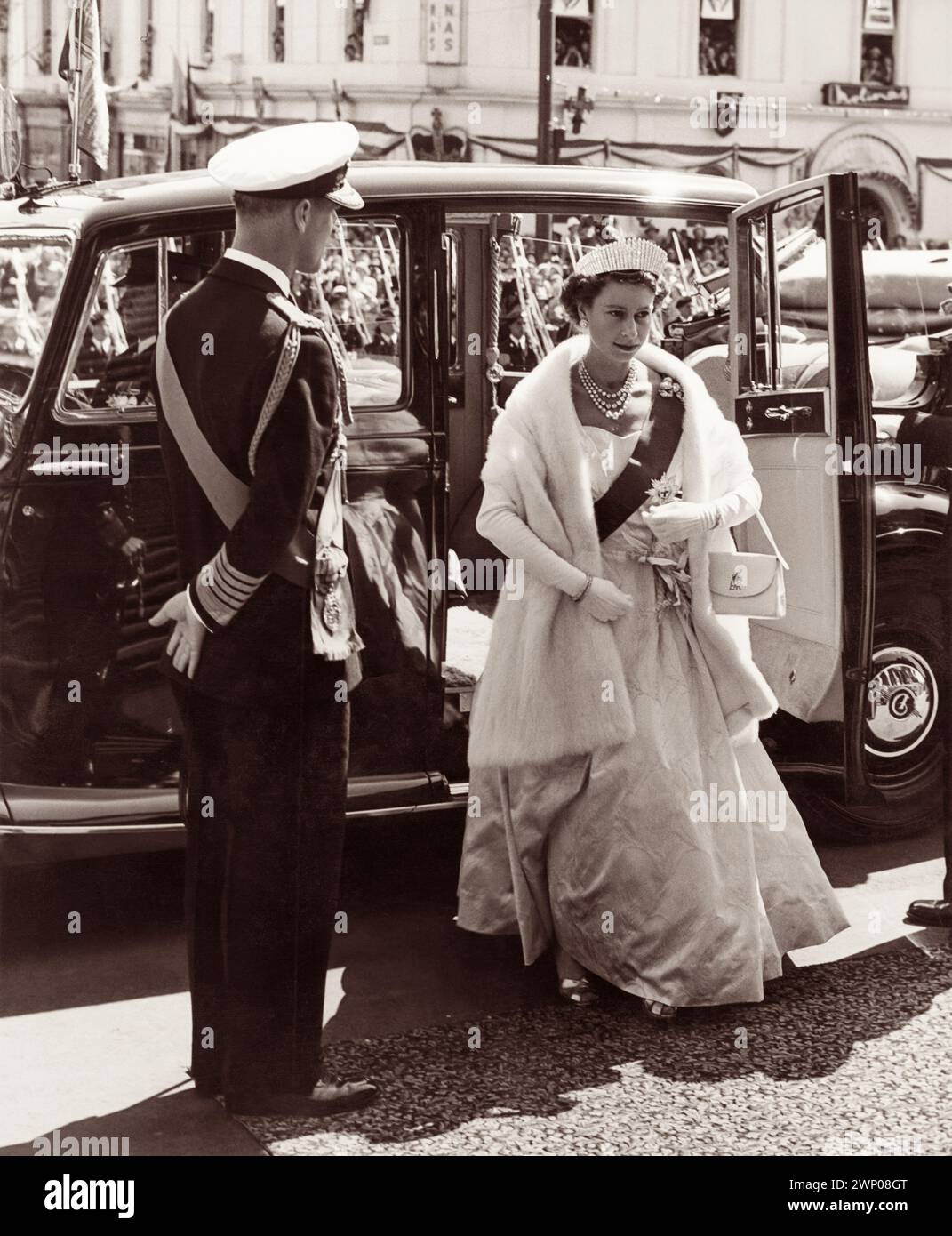 Young Queen Elizabeth II and Prince Philip, Duke of Edinburgh, during their Royal visit to Brisbane, Queensland, Australia in 1954. Stock Photo