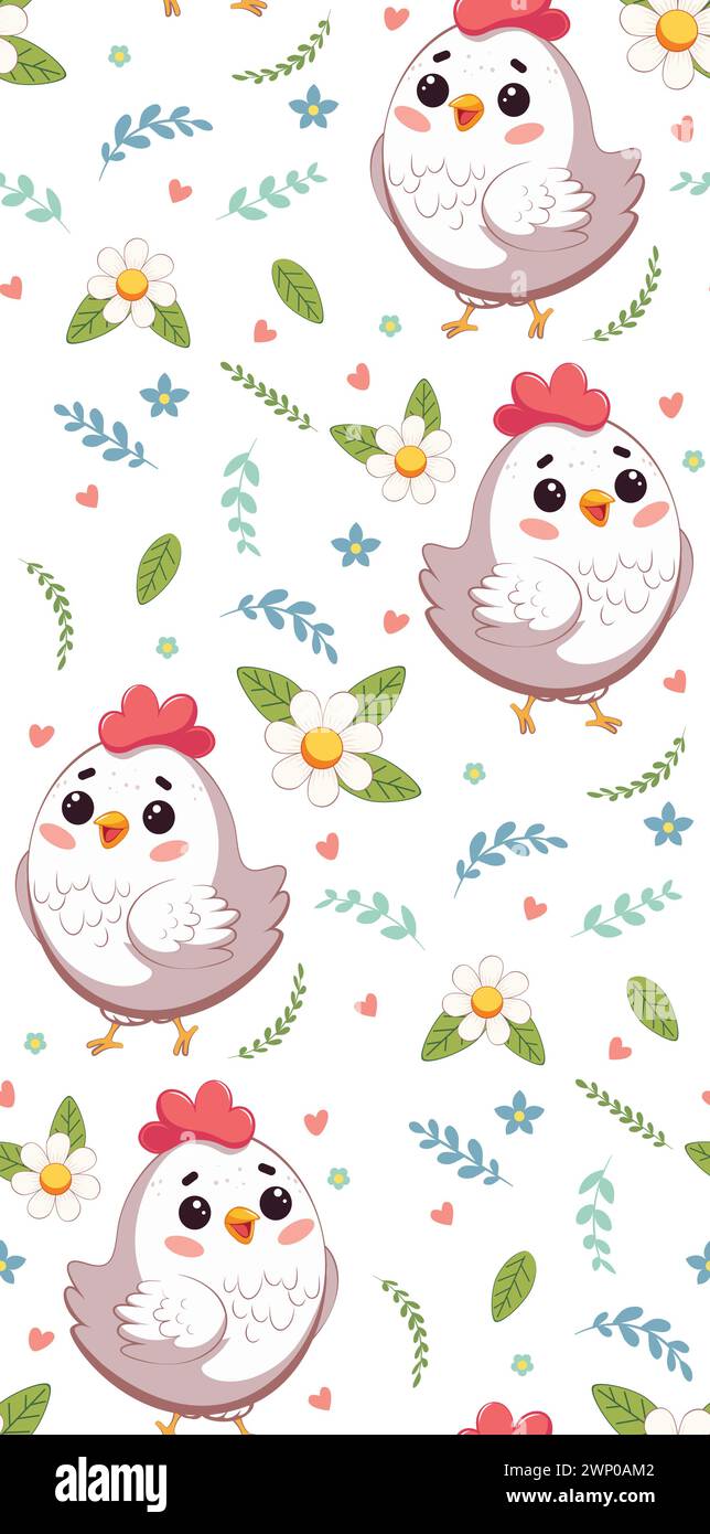 Cute cartoon happy white chicken with flowers and leaves, seamless pattern illustration. Stock Vector