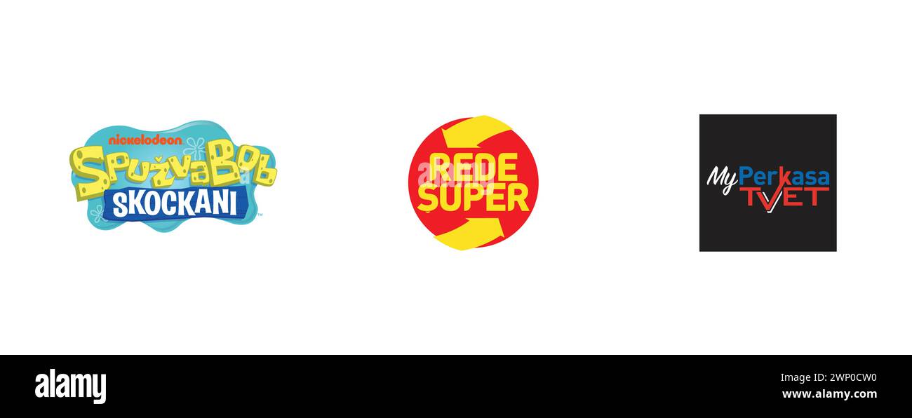 SpongeBob SquarePants, REDE SUPER SUPERMERCADOS, MyPerkasaTVET. Most popular arts and design logo collection. Stock Vector