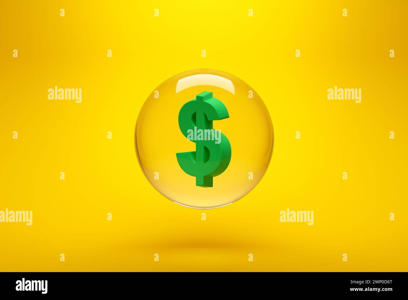 US dollar currency symbol in a glass sphere on yellow background. Economic bubble concept. Inflation, devaluation and recession. 3D rendering. Stock Photo