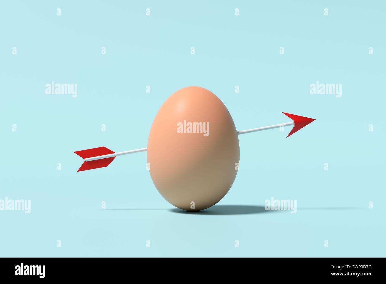 Egg hit by an arrow on blue background. Fragility, precision, vulnerability and target goal achievement concepts. 3D rendering. Stock Photo