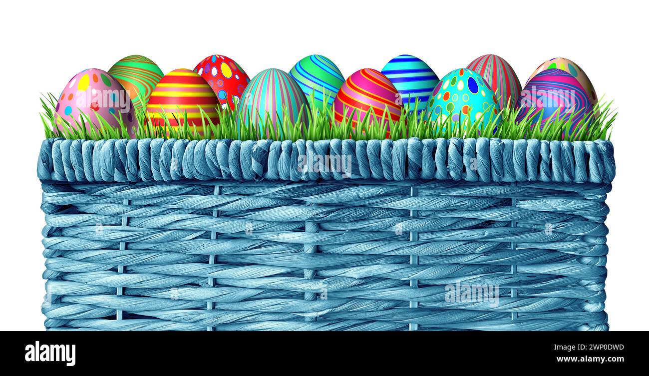 Easter Eggs Basket as a festive celebration for collecting decorated egg group as a March spring season concept. Stock Photo