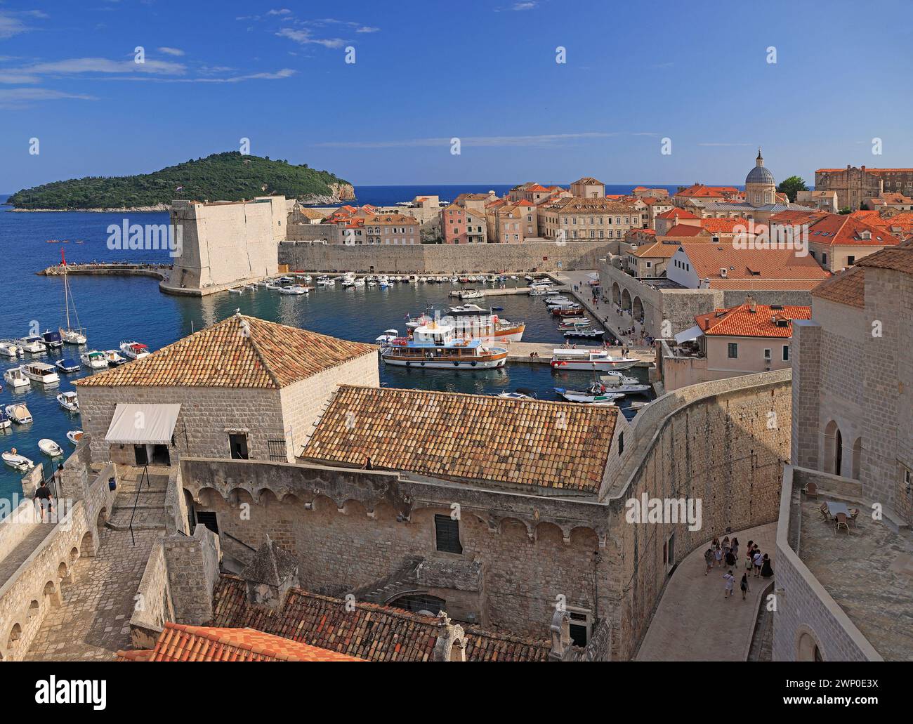 Aerial view of old Town of Dubrovnik on coast of Adriatic Sea, Croatia, Europe Stock Photo