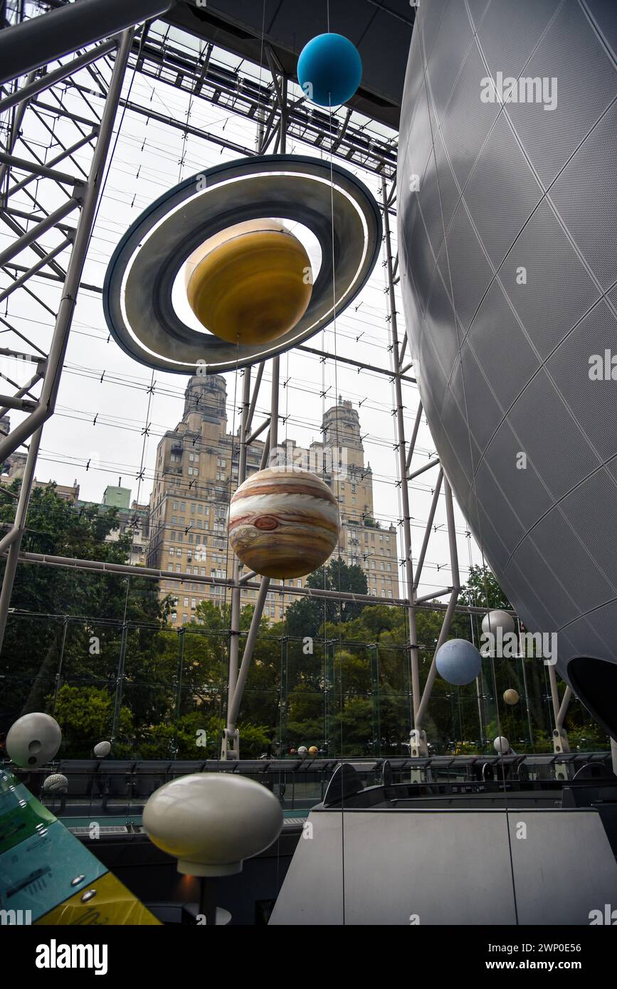Planet Models beside the Great Sphere in Hayden Planetarium - Natural History Museum, Manhattan, New York City Stock Photo