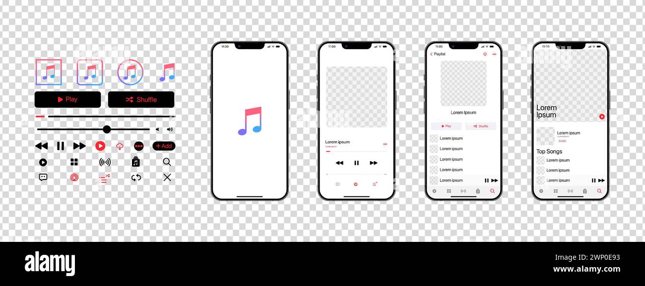 Apple music mockup. Music app. Application template on Iphone mockup. Subscription music player. Profile, Song, Album, Playlist. Pause, note, search, Stock Vector