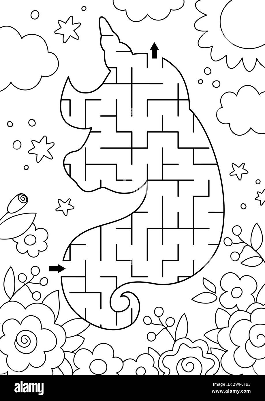 Unicorn black and white geometrical maze for kids. Fairytale line preschool printable activity ...
