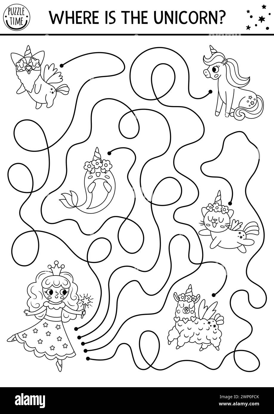 Black and white maze for kids with fairy and fantasy animals with horns ...