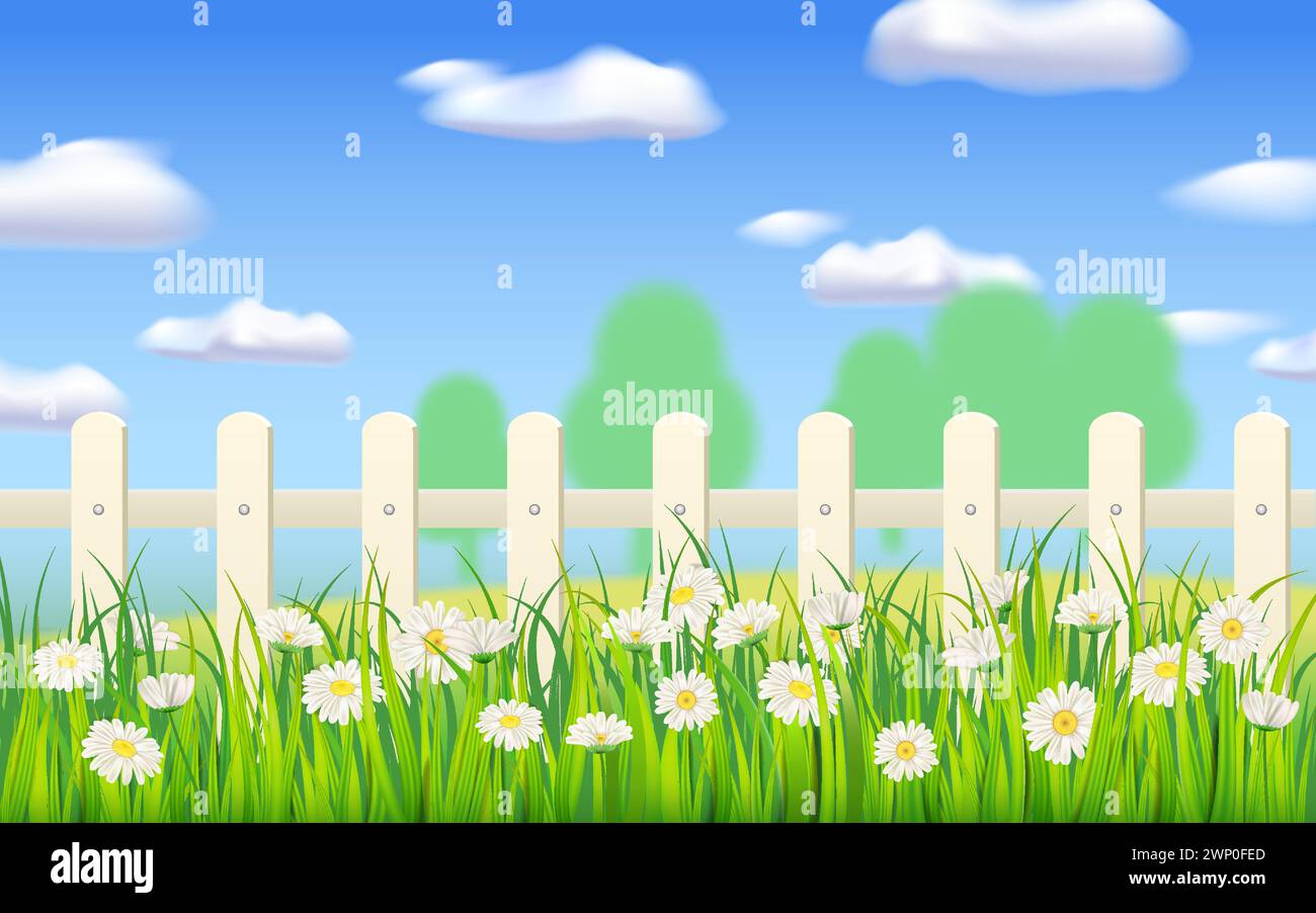 Spring banner green grass, daisy flowers, white fence Stock Vector
