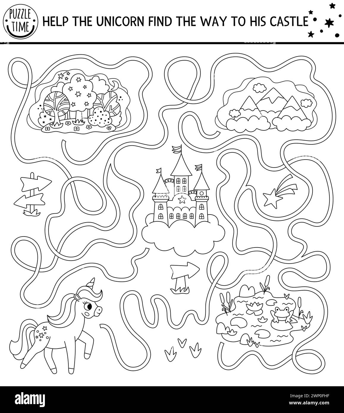 Unicorn black and white maze for kids with fantasy horse, castle, magic