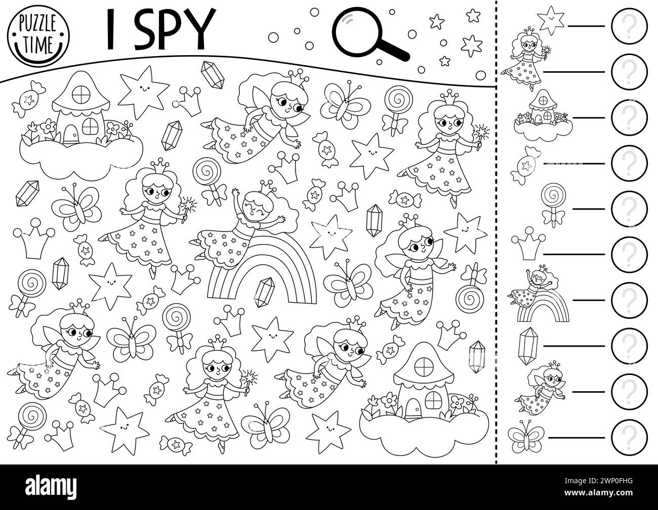Unicorn black and white I spy game for kids. Searching and counting