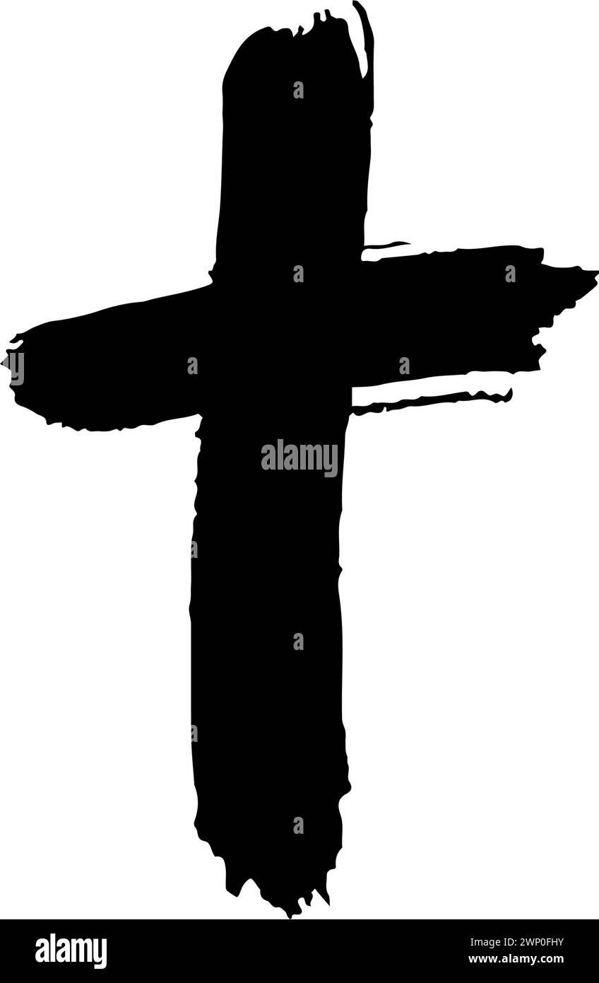Grunge Christian Church cross. Hand drawn Catholic cross. Sketch black religious crucifix symbol. Vector illustration isolated on white background Stock Vector