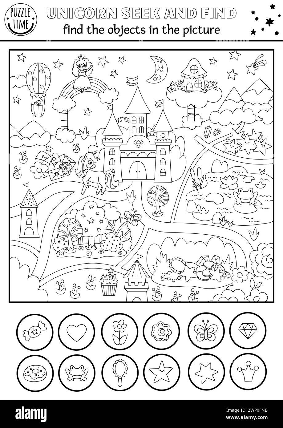 Unicorn vector searching game with magic village landscape. Spot hidden objects. Black and white fairytale world seek and find printable activity or c Stock Vector