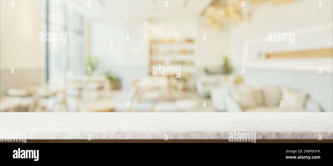 A presentation space for display products on a white marble table with a blurred background of a contemporary cafe coffee shop. 3d render, 3d illustra Stock Photo