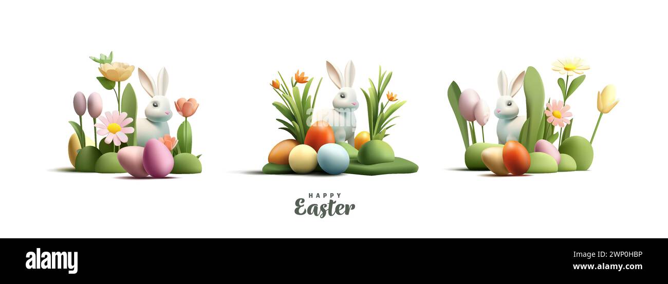 Happy Easter greeting composition set with 3d render Easter eggs and bunny and spring flowers, different composition variants Stock Vector