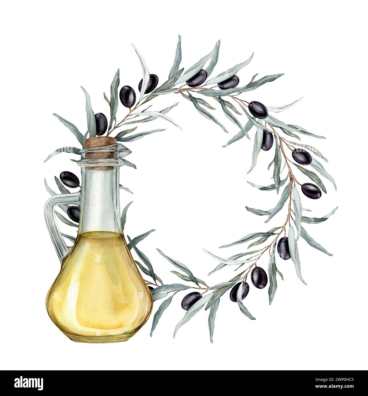 Watercolor olive branch round wreath with black fruit and green leaves ...