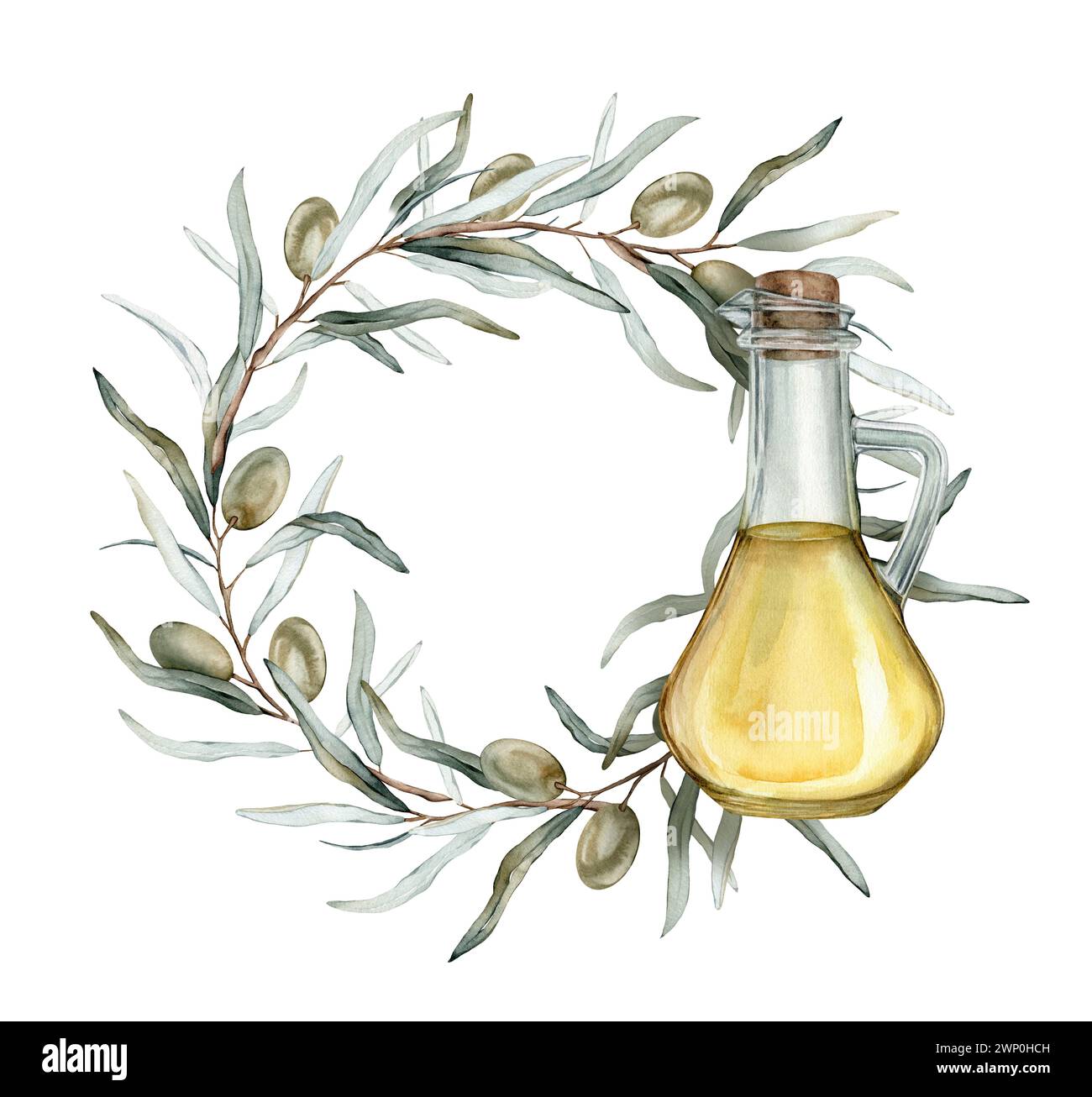 Watercolor olive branch round wreath with green fruit and green leaves ...