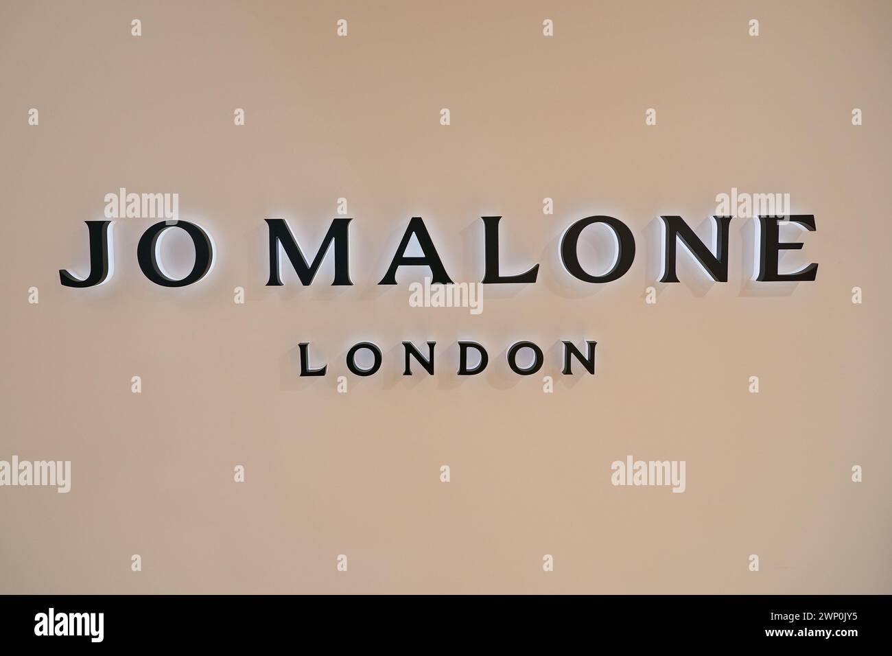 HONG KONG, CHINA - DECEMBER 04, 2023: close up shot of Jo Malone sign. Stock Photo