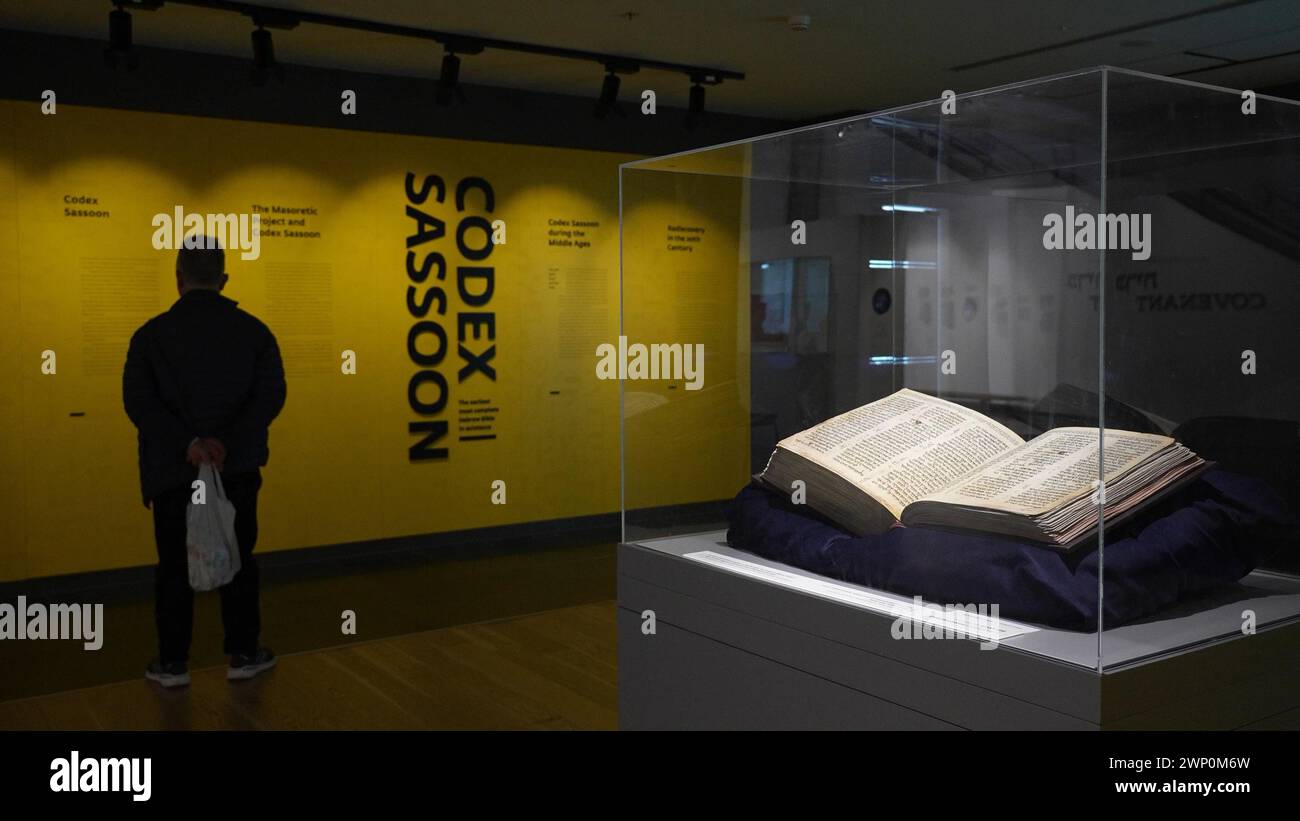 The Codex Sassoon, the earliest most complete edition of the Hebrew Bible, which is believed to be more than 1,000 years old, is on display at the ANU Museum of the Jewish People located at the center of the Tel Aviv University campus on March 4, 2024 in Tel Aviv, Israel. The Museum offers a diverse account of Jewish culture, faith, and deed as viewed from the perspective of Jewish history and contemporary life. Stock Photo