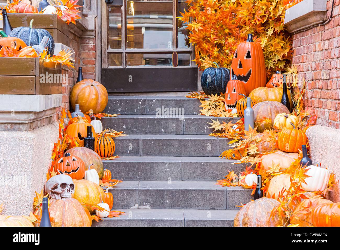 Halloween decoration on the steps of a cafe in the Five Avenues of 