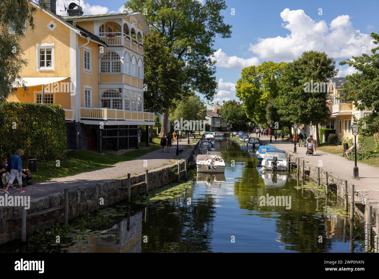 Trosa, Sweden - July 29, 2023: View of the Trosa river with moored pleasure boats  in the picturesque seaside town of Trosa in Södermanland. Sweden. Stock Photo