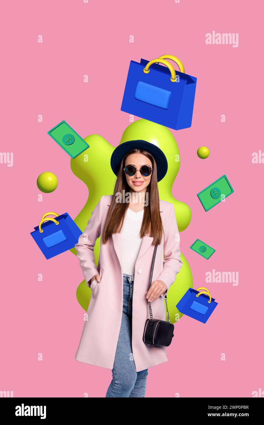 Artwork creative collage banner of stylish girl wealthy shopaholic with 3d money buying mall bags. Stock Photo