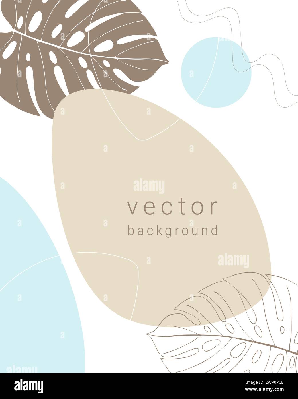 Botany background with abstract brown and blue shapes and monstera ...