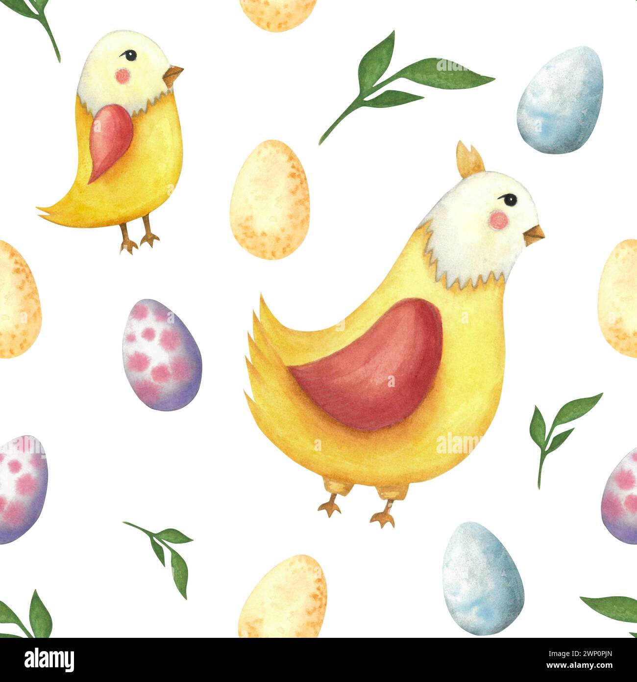 Seamless pattern watercolor illustration for Easter of hen, chick and Easter eggs. For textiles and fabrics Stock Photo