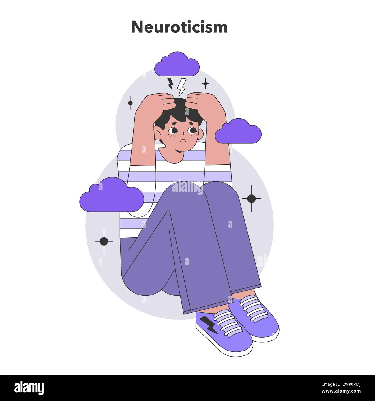 Neuroticism dimension of Big Five Personality Traits. An individual experiencing stress and emotional instability, depicted in a thought-provoking scene. Flat vector illustration. Stock Vector