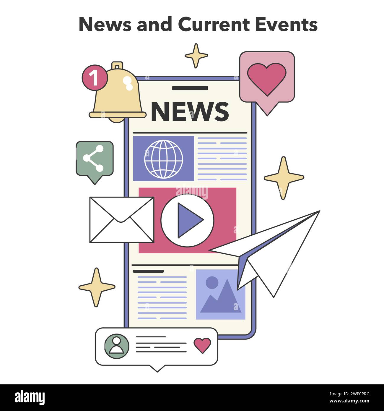 News and Current Events theme. Up-to-the-minute global updates and informative content streaming. World affairs, breaking news, informed society. Flat vector illustration Stock Vector