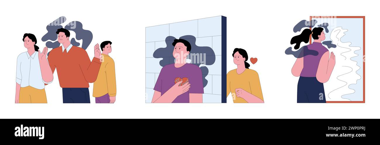 Human fears set. Scared characters confronting personal phobias. Frightened anxious person suffering from panic disorder. Psychological problem. Flat vector illustration Stock Vector