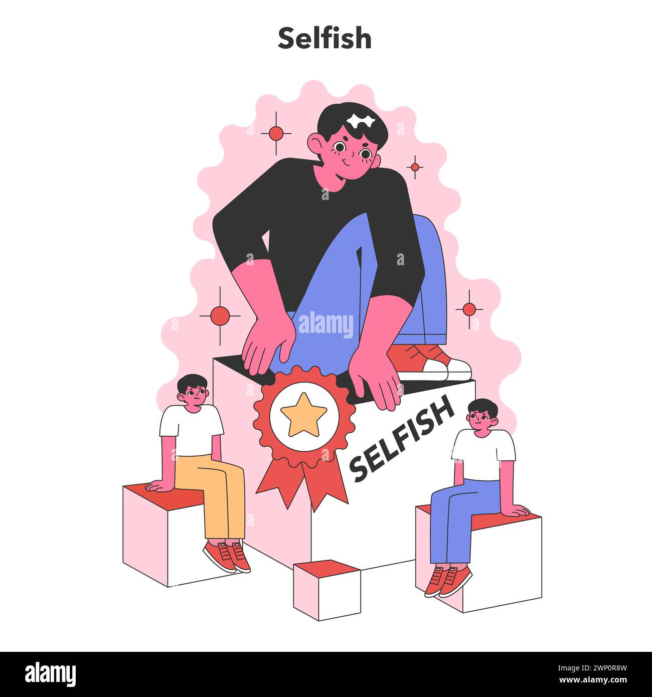 Selfishness concept. Oversized figure overshadowing others, clutching a prize, embodying self-absorption. Disregard for companions shown. Flat vector illustration Stock Vector