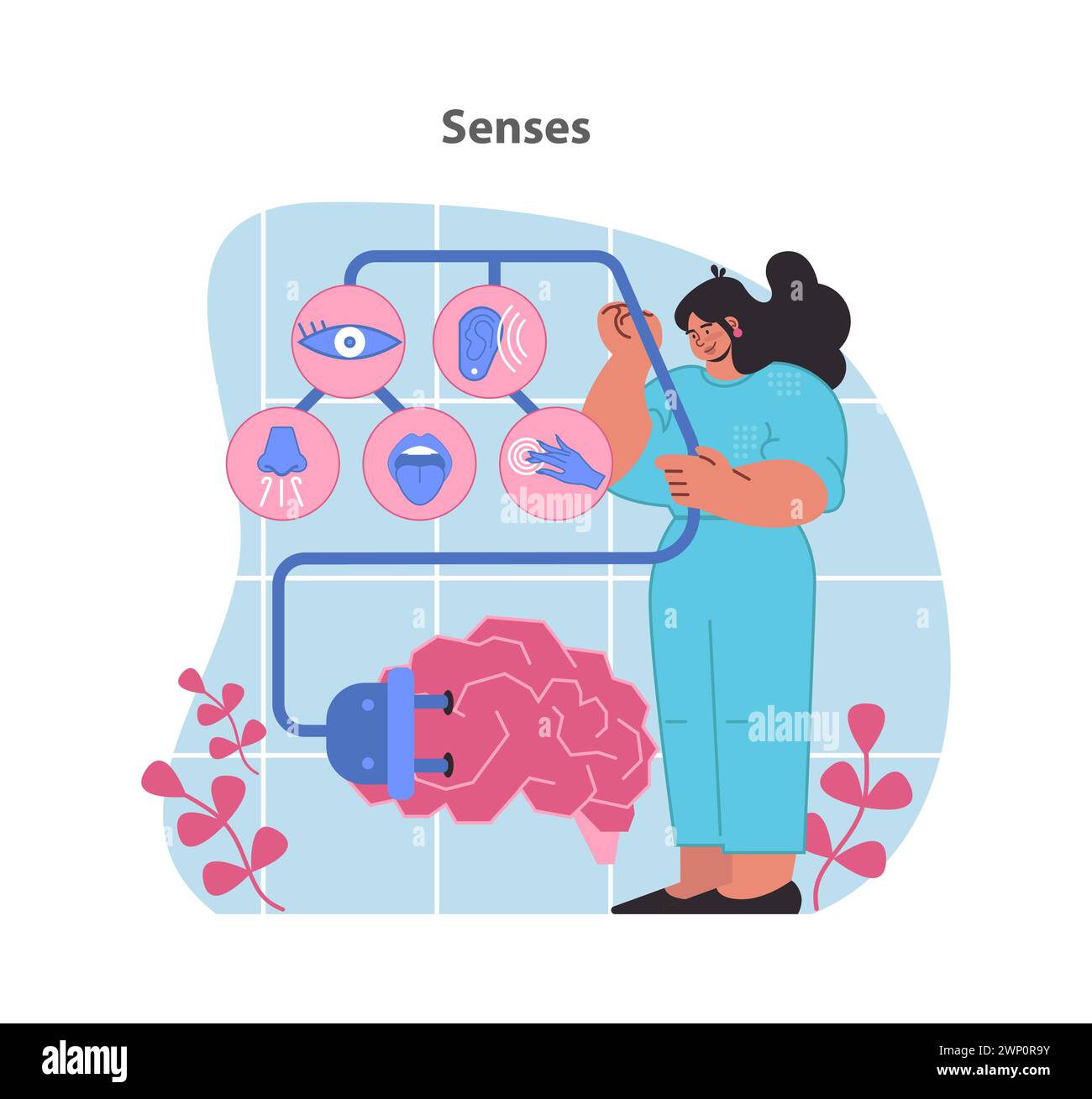 Senses concept illustration. A visual exploration of the five senses connected to brain function. Insights into sensory perception. Flat vector illustration. Stock Vector
