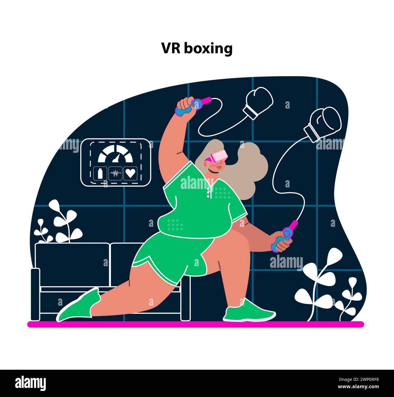 VR boxing. Punch and weave with virtual reality boxing sessions. Engage in high-energy workouts from anywhere. Digital fitness that packs a punch. Flat vector illustration. Stock Vector