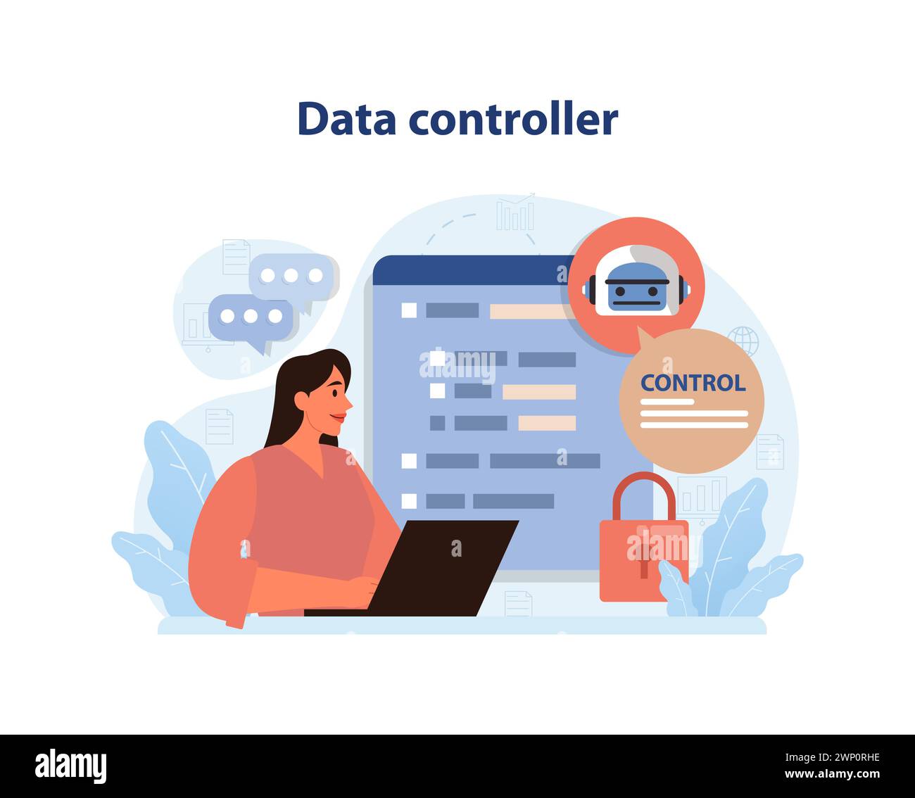 Data controller concept. Woman with a laptop oversees server access ...
