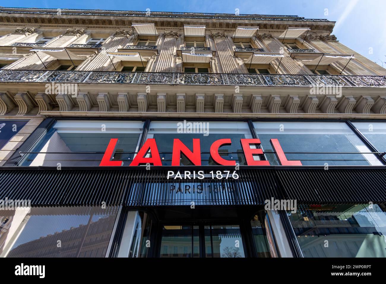 Facade of the main Lancel boutique located Place de l'Opéra in Paris. Lancel is a French leather goods company founded in Paris in 1876 Stock Photo