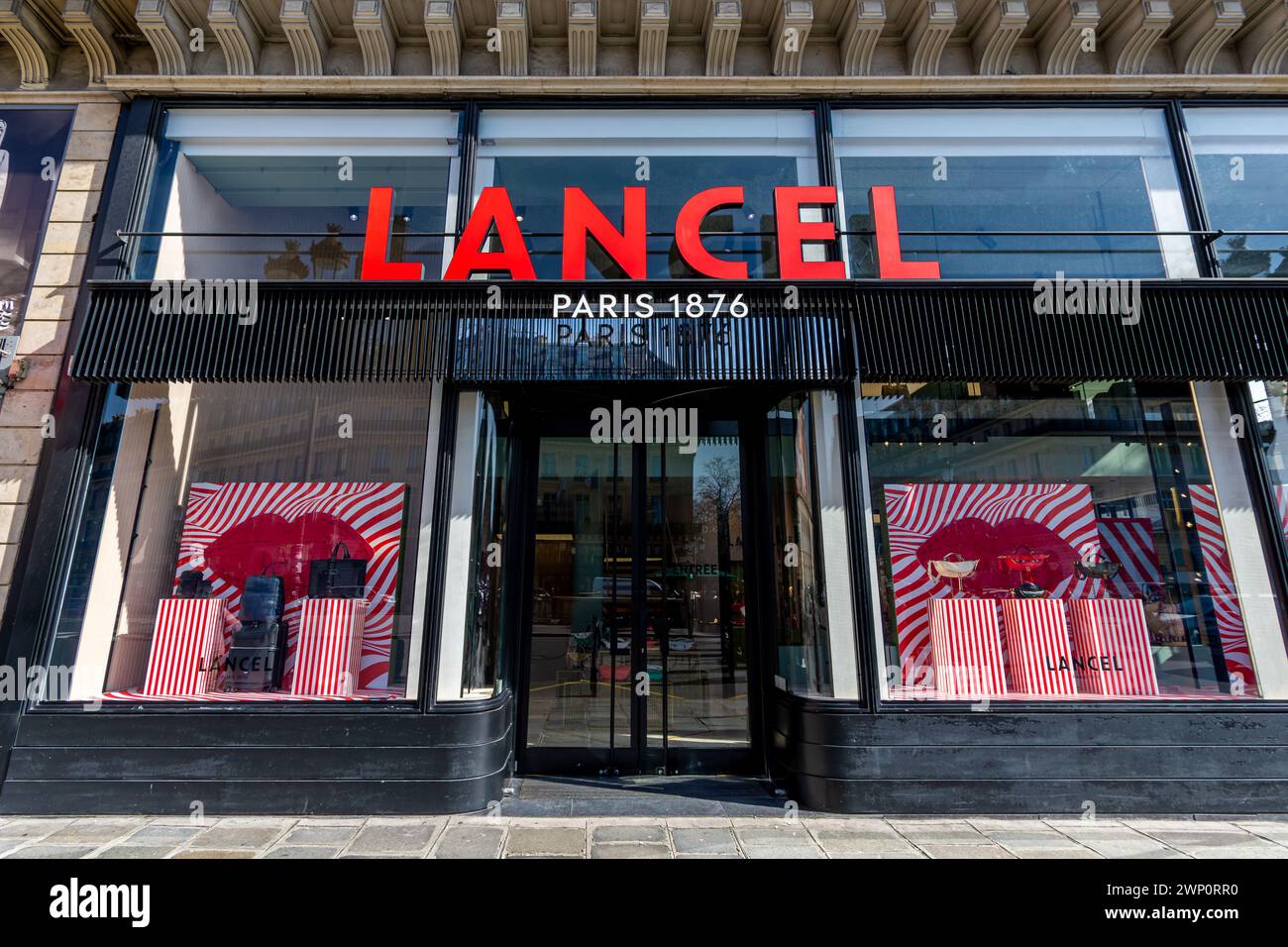 Exterior view of the main Lancel boutique located Place de l'Opéra in Paris. Lancel is a French leather goods company founded in Paris in 1876 Stock Photo