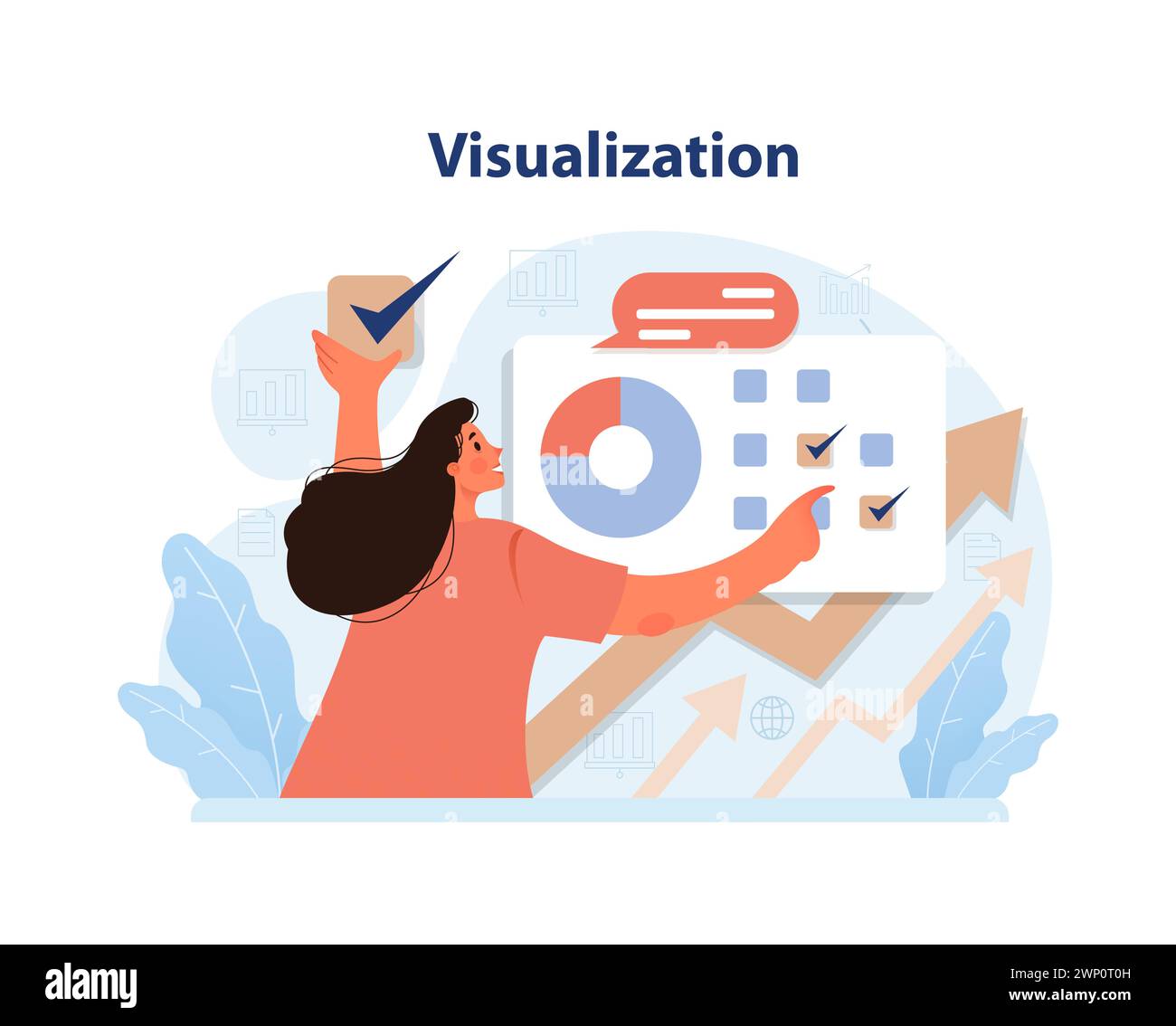 Data Visualization concept. Woman analyzing vibrant charts, pie graphs ...