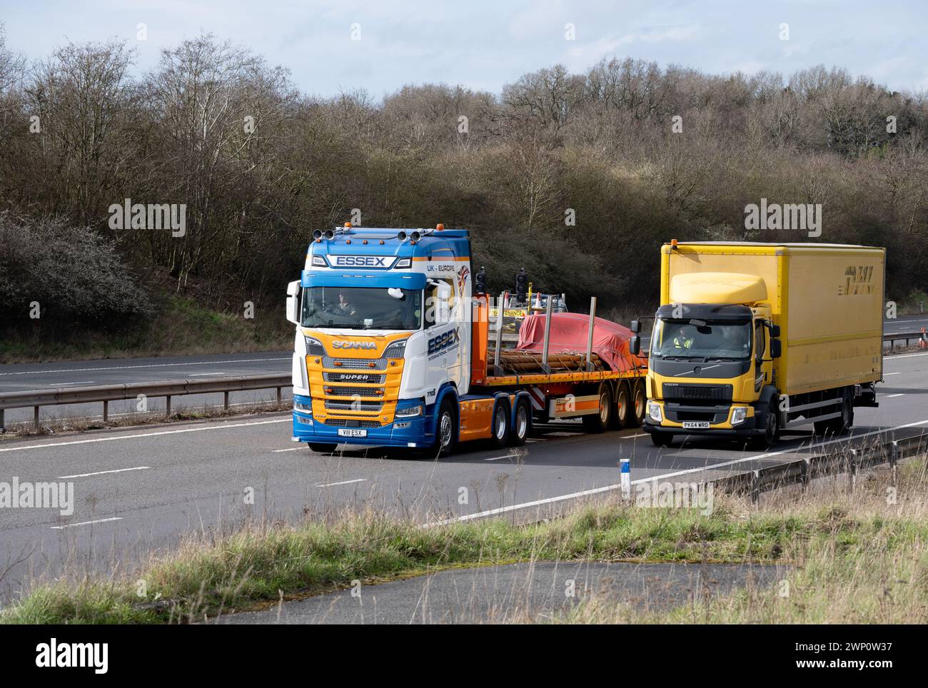 Lorries on the M40 motorway, Warwickshire, UK Stock Photo