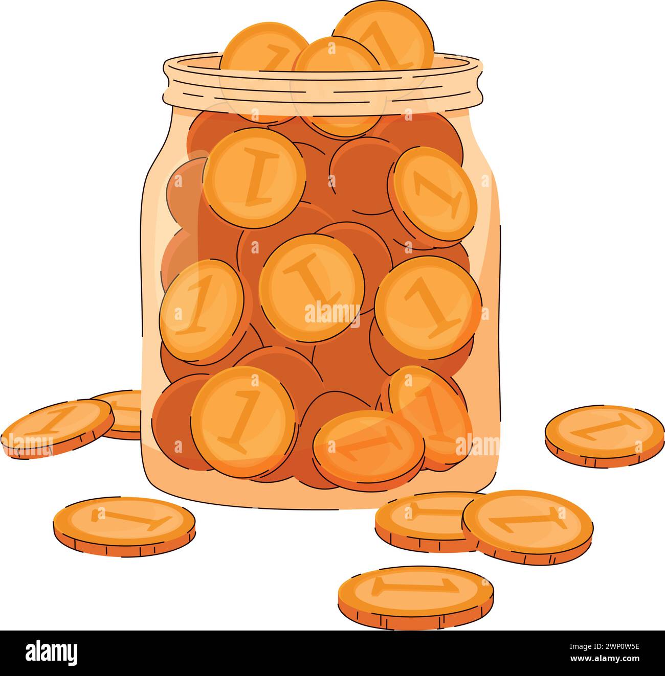 A glass jar completely filled with coins. Concept financial literacy, savings, bank deposits, tips, donation. Stock Vector