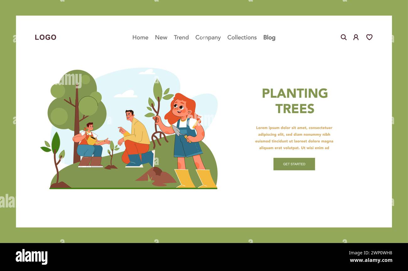 Tree planting concept. Spirited children and attentive adult participate in wholesome act of planting young trees, fostering growth and environmental stewardship. Flat vector illustration Stock Vector