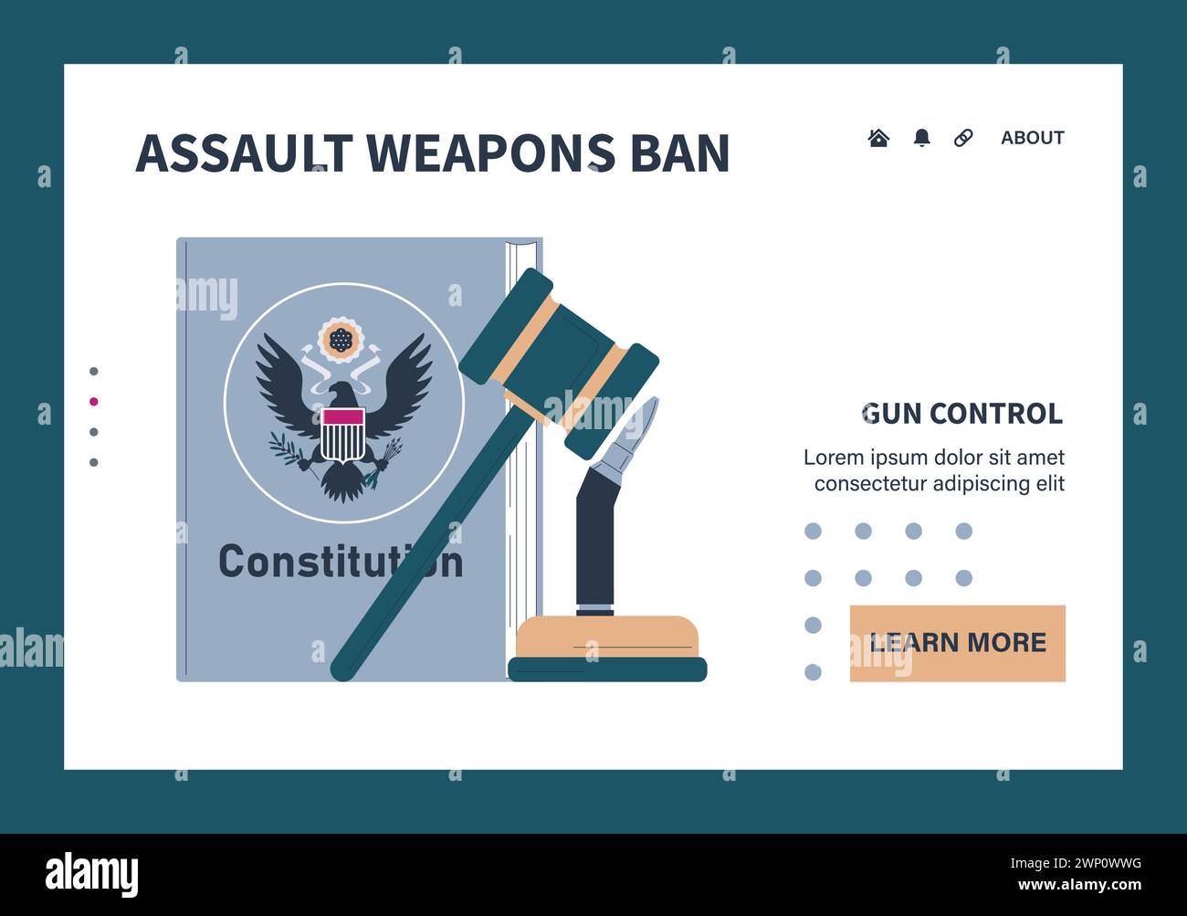 Gun control web or landing set. Second amendment ban. Weapon regulations law movement. Firearm violence. Mass shooting in public places and school. Flat vector illustration Stock Vector