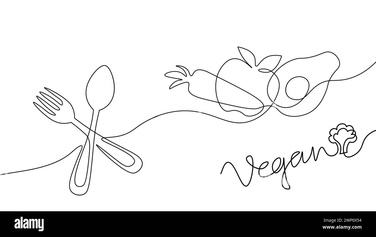 One line broccoli stem. Black and white monochrome continuous single line art. Vegan nature organic farm market illustration sketch outline drawing. Stock Vector