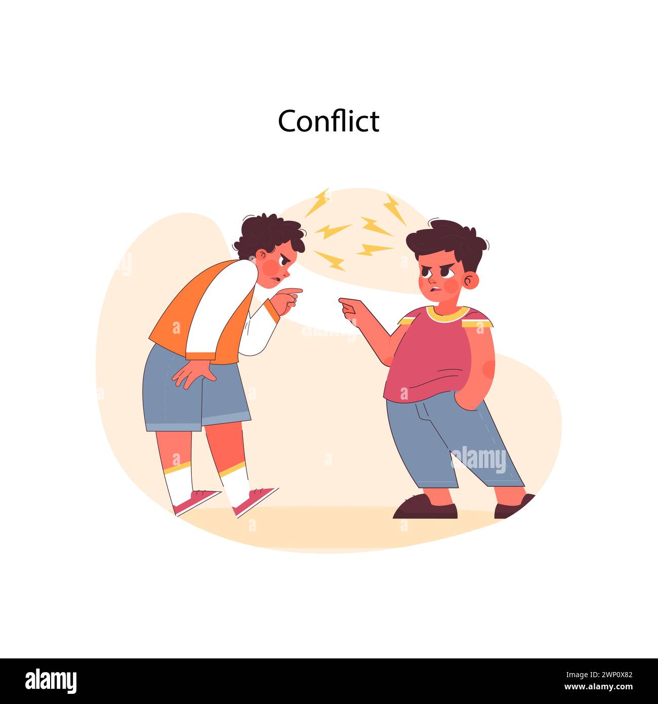 Conflict concept. Two boys in a heated argument, captured in a moment of youthful disagreement, highlighting challenges in children's relationships. Flat vector illustration Stock Vector