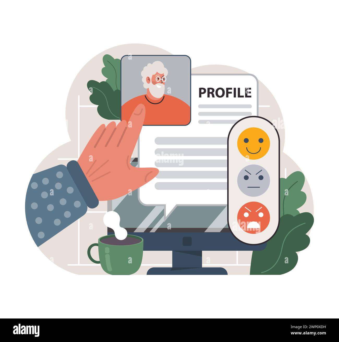 Elderly man's online dating profile on a computer screen, with an interface for selecting emotional responses, emphasizing modern senior digital interactions. Flat vector illustration Stock Vector