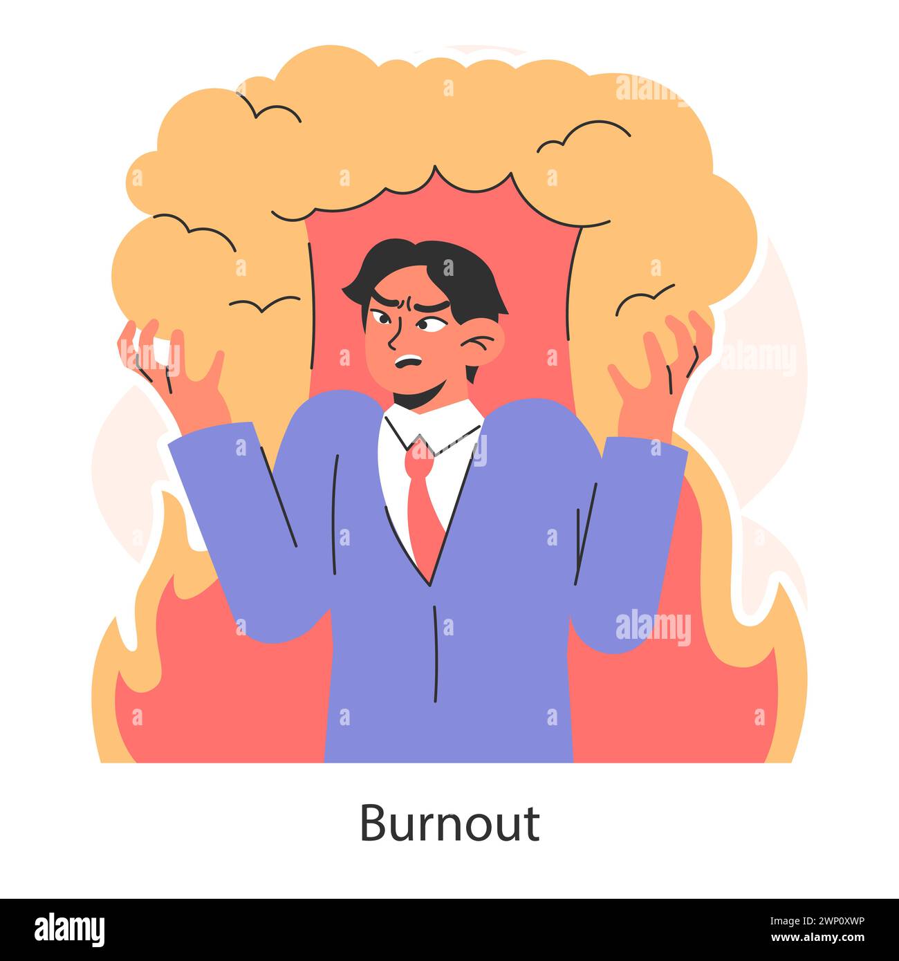 Work burnout. Distressed man overwhelmed by fiery emotions. Mental ...