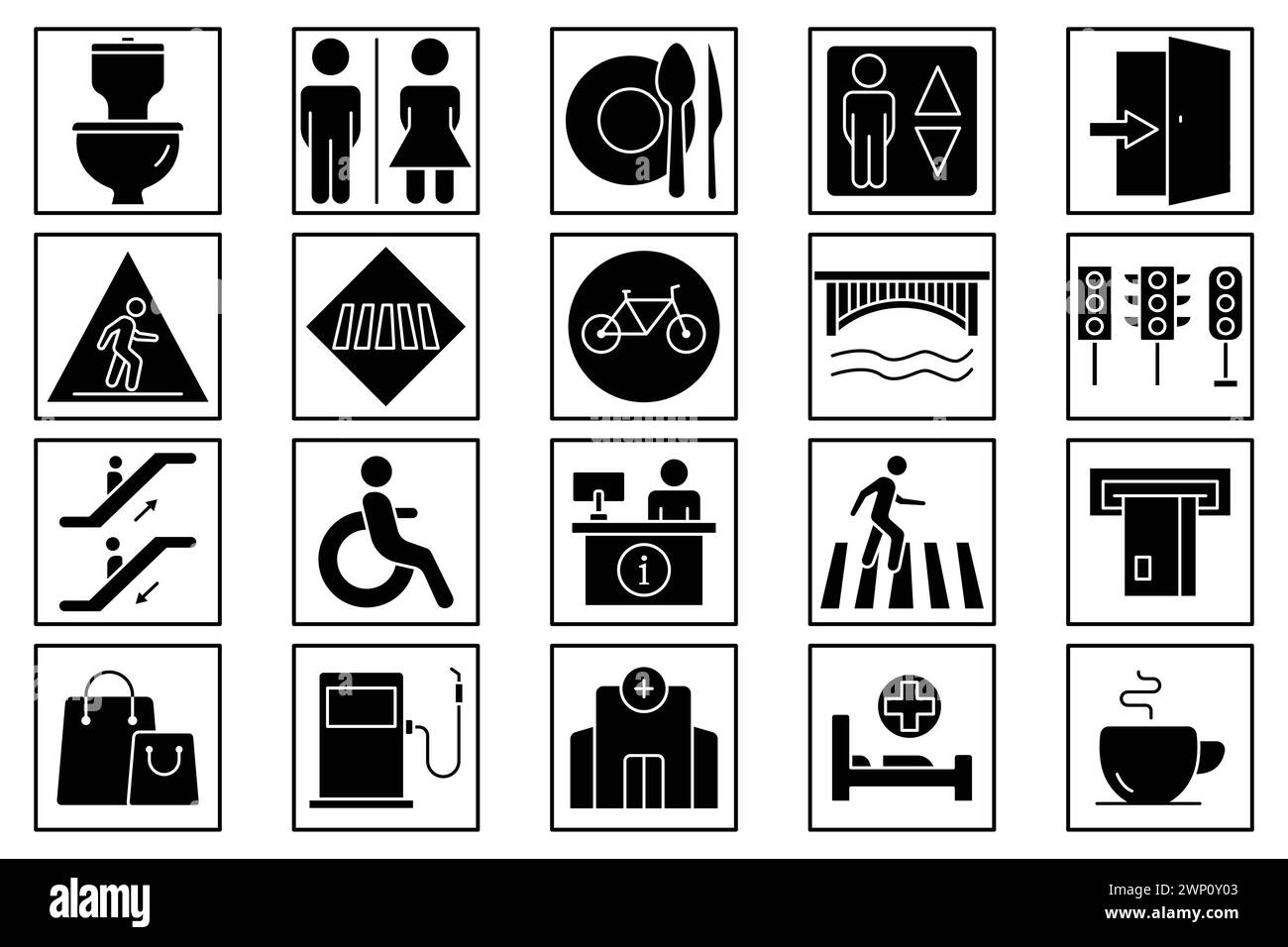 public navigation icon set. toilet, food court, elevator, information