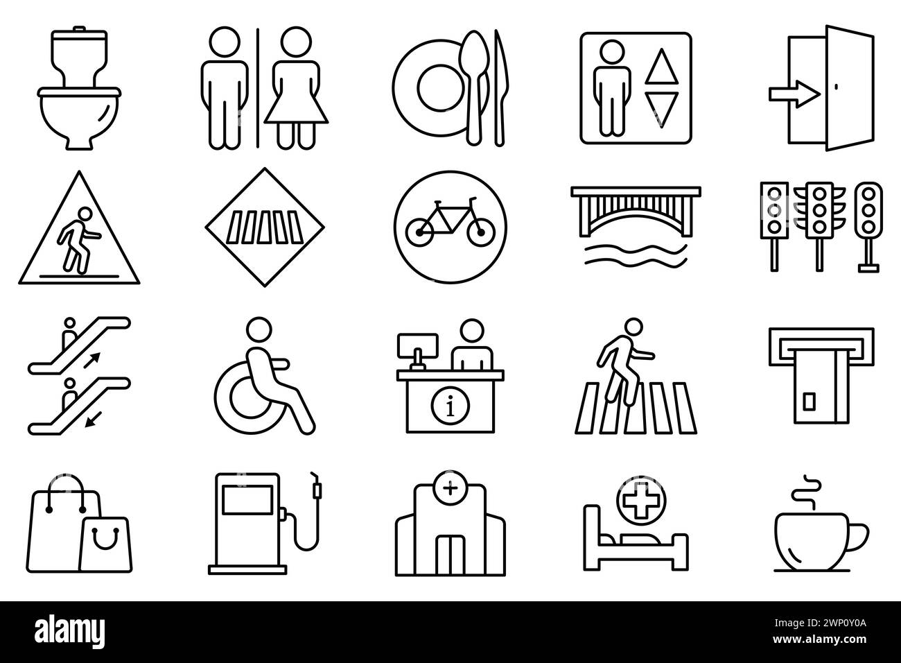 public navigation icon set. toilet, food court, elevator, information