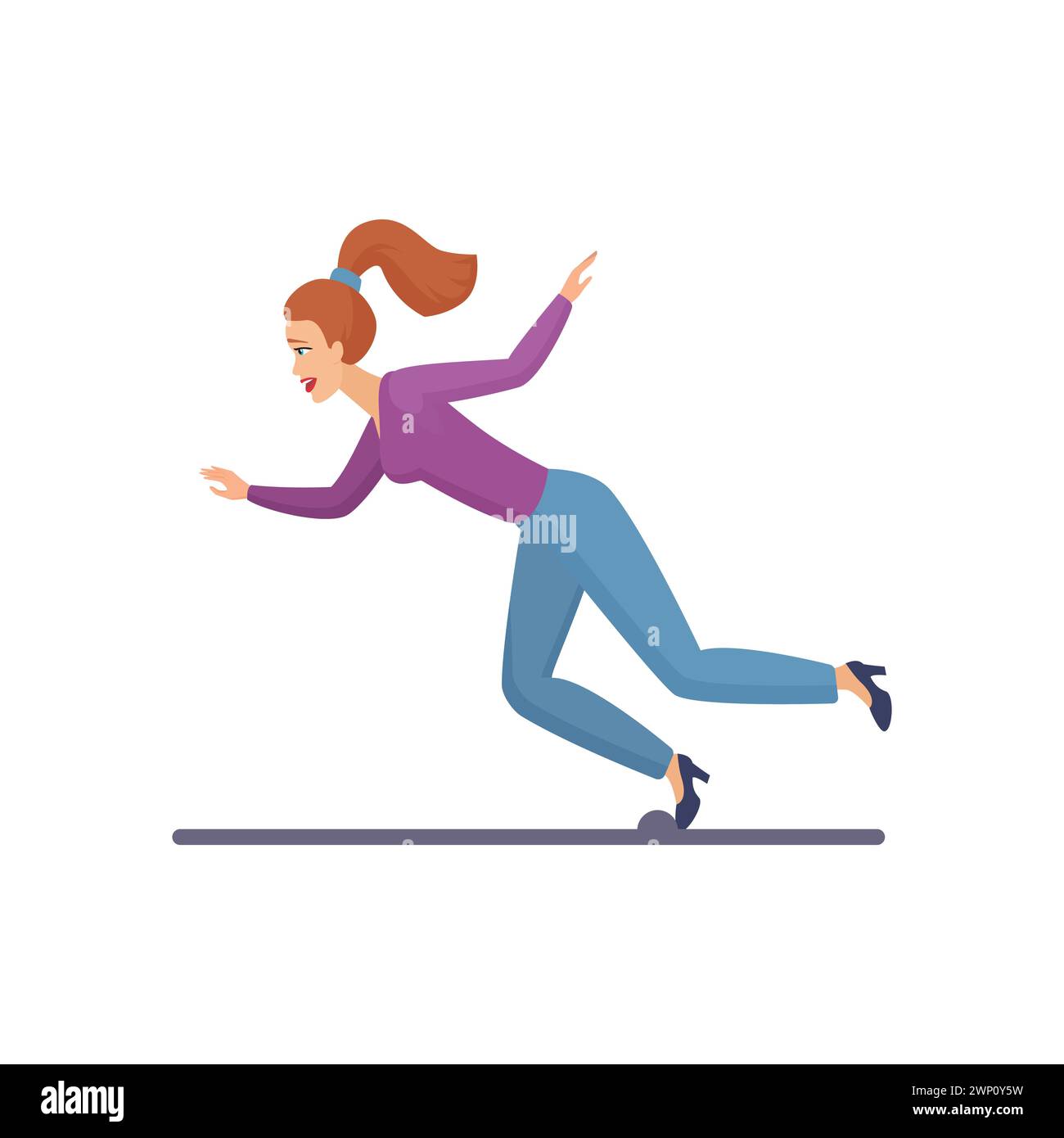 Woman running along road, girl slipping on obstacle and falling vector illustration Stock Vector